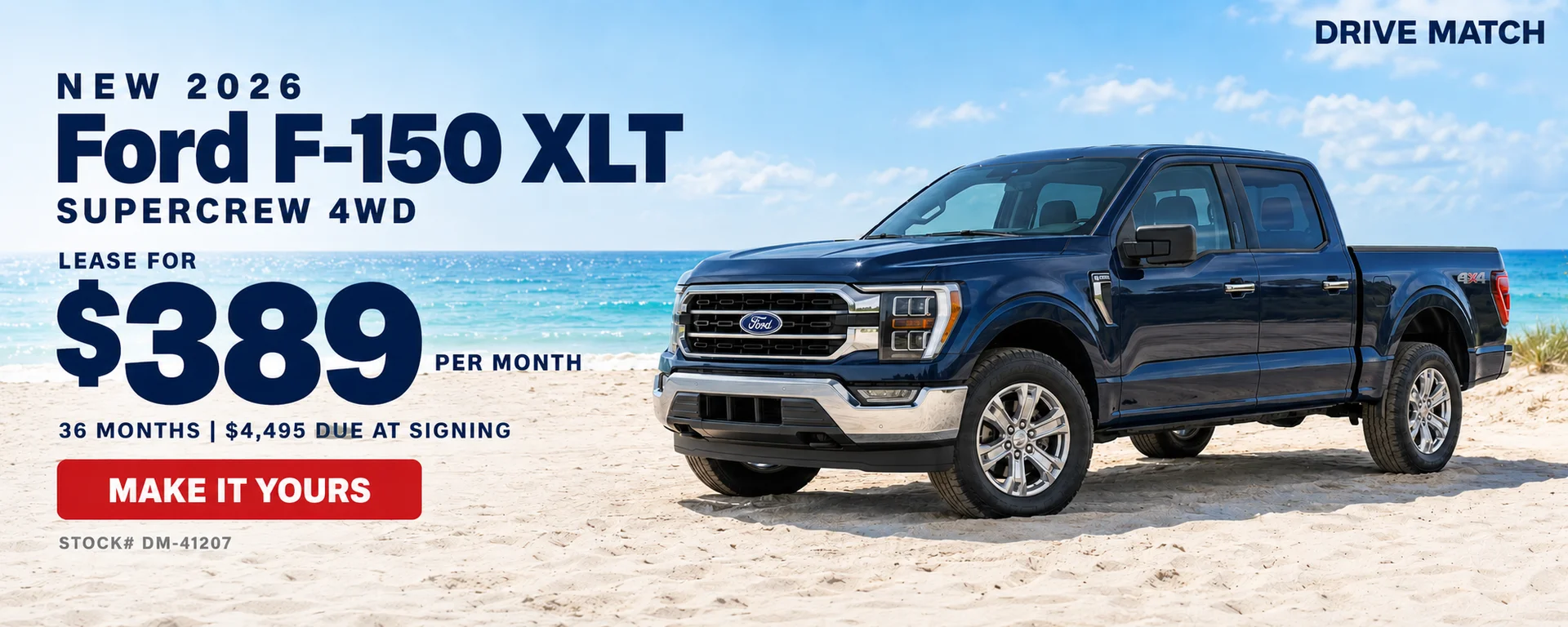 New 2026 Ford F-150 XLT SuperCrew 4WD — lease for $389 per month, 36 months, $4,495 due at signing.