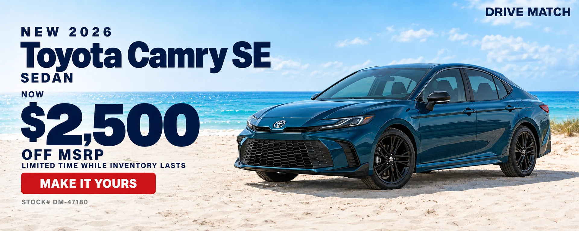 New 2026 Toyota Camry SE sedan — now $2,500 off MSRP, limited time while inventory lasts.