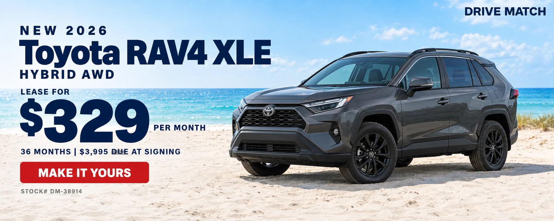 New 2026 Toyota RAV4 XLE Hybrid AWD — lease for $329 per month, 36 months, $3,995 due at signing.